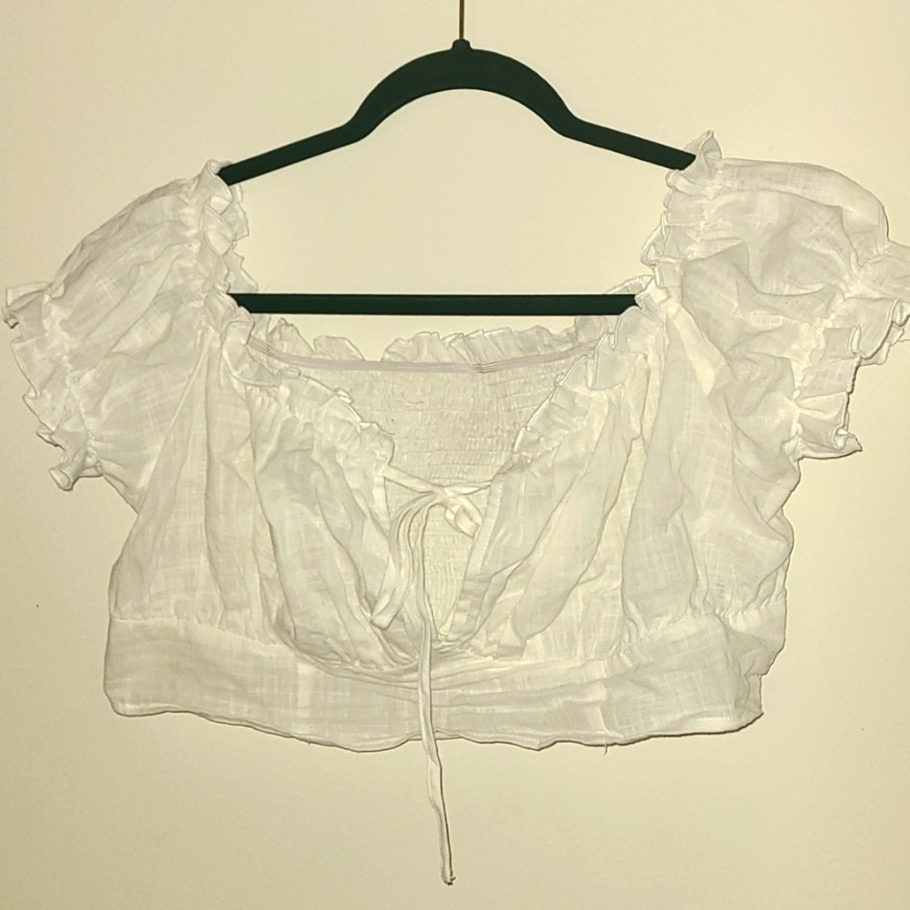 Shein Curve White Milkmaid Crop Top Puff Sleeve Blouse